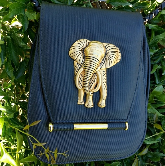 Handbags - Black crossbody purse feat. a golden elephant